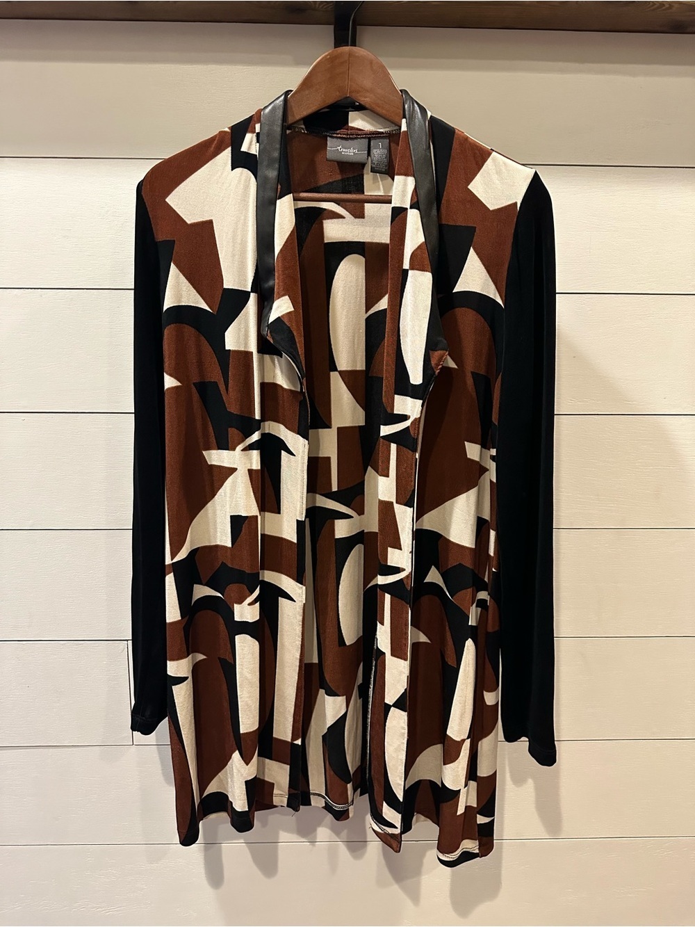 Chico’s Abstract Geometric Drape Front Cardigan - Brown, Black, Cream- size 1- M